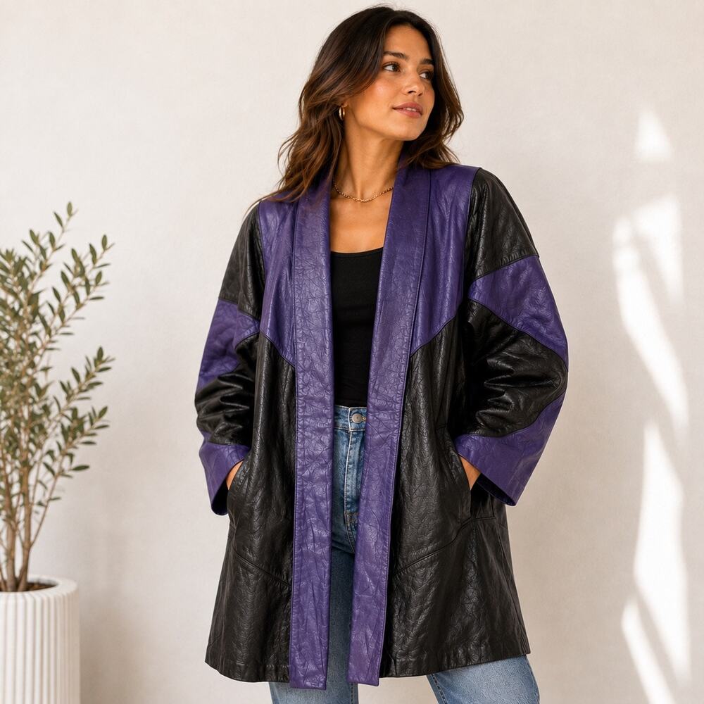 Vintage Tower Hill Purple Black Genuine Leather Colorblock Coat Sz M
